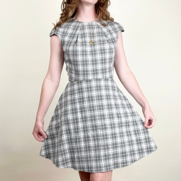 Anthropologie Plaid Mini Midi Dress Fit & Flare Retro Pleat Mid Century MCM Cute - Picture 1 of 7